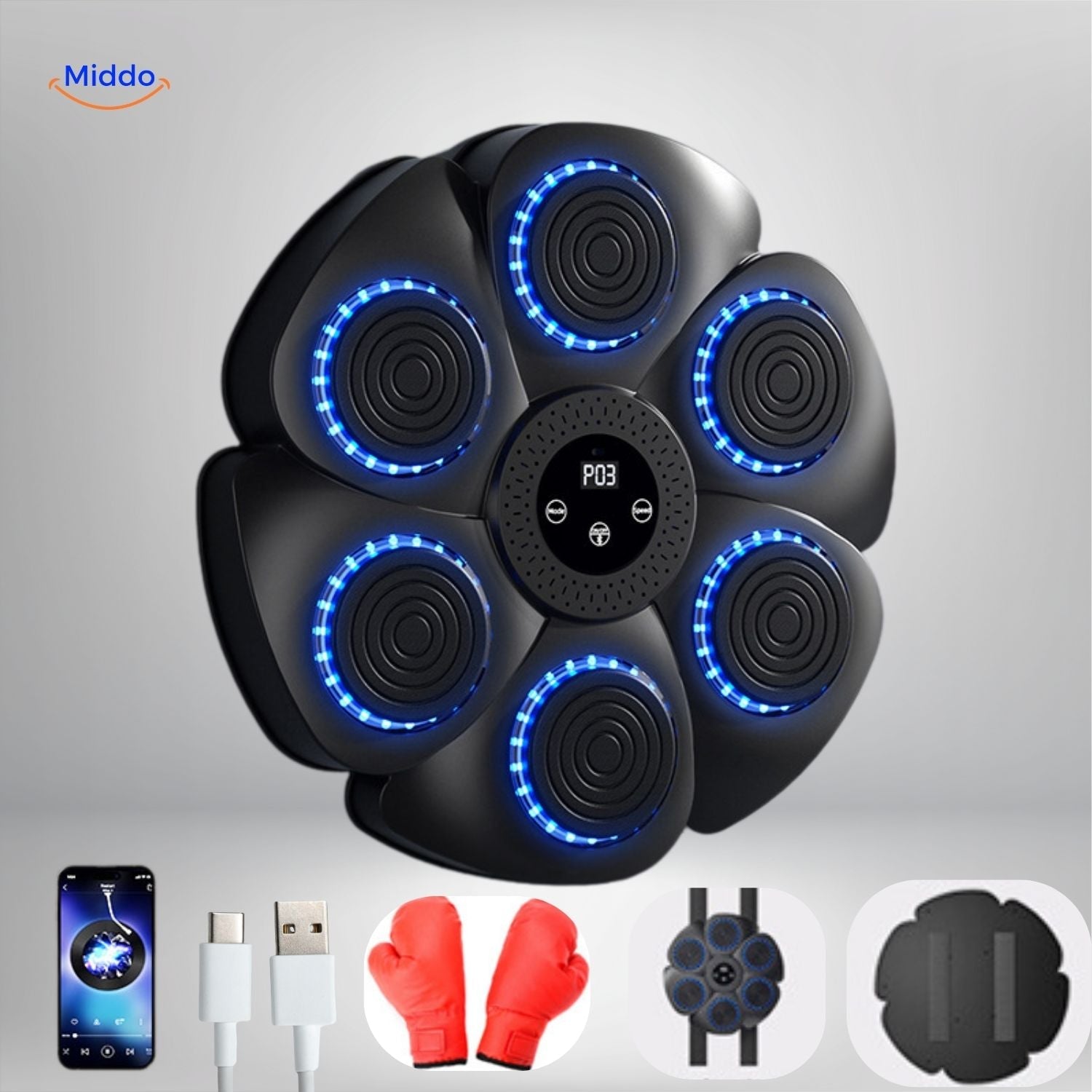 BoxPro Smart Boksmachine zwart model met blauwe leds en rode handschoenen www.middo.nl