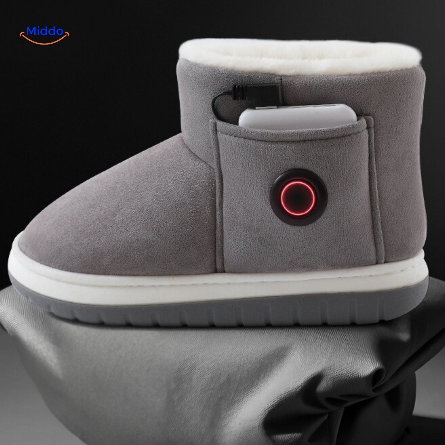 cozyflex grijze verwarmde schoenen met rode led www.middo.nl